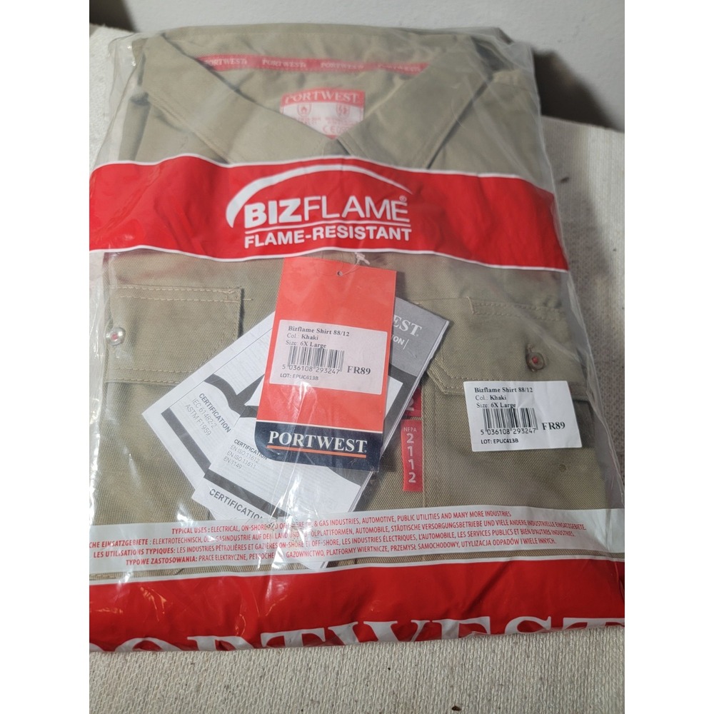 NWT Portwest Mens 6XL Khaki Bizflame FR Flame Resistant Work Shirt FR89 Bag